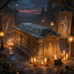 a hyperrealistic render of an emperors tomb, candles, lanterns, stars, twilight, outdoor, art by Artgerm and Greg Rutkowski and Alphonse Mucha, hearthstone art style, epic fantasty card game art, Beautiful dynamic dramatic moody lighting, shadows, cinematic, Octane, 8K