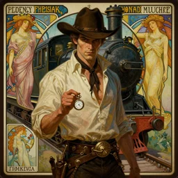 a dramatic ethereal epic symmetrical painting of a handsome villainous cowboy standing in front of a train locomotive. his shirt is unbuttoned and he has a pocketwatch. tarot card, art deco, art nouveau, ( steampunk ), homoerotic, realistic. by louis comfort tiffany and alphonse mucha. trending on artstation