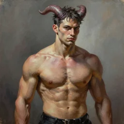 “the ultimate gigachad, incredibly muscular baphomet with chiseled jawline, trending on /r/moreplatesmoredates, oil on canvas artstation by J. C. Leyendecker and Edmund Blair Leighton and Charlie Bowater octane render”