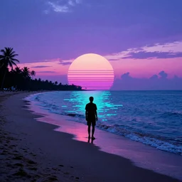 An 8-bit vaporwave beach at dusk