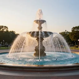 a beautiful photo of a roundabout with a fountain shooting fire instead of water, sunset lighting, intricate detail, photorealistic