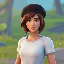 Fortnite; we see a girl alone with short brown hairm, wearing a beret; white shirt ; Fortnite