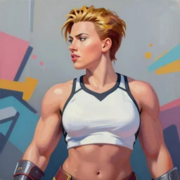 greg manchess portrait painting of smug scarlett johansson as beautiful thick female bodybuilder zarya from overwatch, medium shot, asymmetrical, profile picture, organic painting, sunny day, matte painting, bold shapes, hard edges, street art, trending on artstation, by huang guangjian and gil elvgren and sachin teng