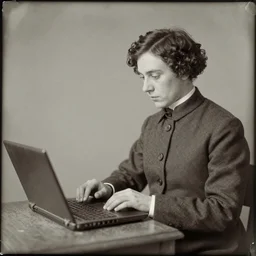 Nan in 1910 using an laptop, daguerreotype photo, HD