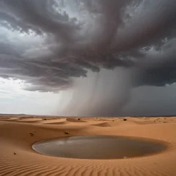 A supercell storm over the Sahara desert, heavy rain, wind, puddles, dramatic lighting