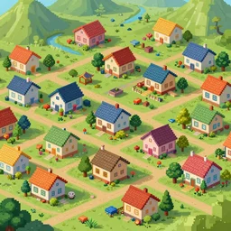 a village, highly detailed, colourful, digital art, pixel art!! trending on artstation, 4 k