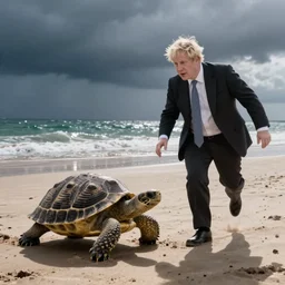 Boris Johnson running away from a tortoise on the beach