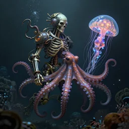 underwater photography of a steampunk human skeleton in symbiosis with an octopus and a jellyfish, intricate and ornate alien technology, bioluminescence, bloom, dim rim lighting, by victor grasso and scott musgrove, and h. r. giger and tooth wu, digital illustration, cg society