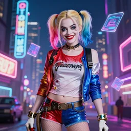 harley quinn standing, smiling, cyberpunk setting, beautiful cityscape background, neon signs, vibrant colors, holograms, 4k, digital art