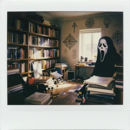 polaroid of messy library, poltergeist, liminal, ghost face in corner. goetic sigils drawn on walls.
