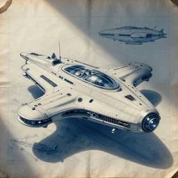 blueprint on old paper of retro stylish 5 0 s sci - fi spaceship, syd mead, john berkey, jeremy mann