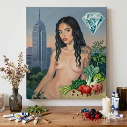 “ a portrait in a queer female art student ’ s apartment, sensual, a diamond, skyscraper, vegetables, art supplies, paint tubes, palette knife, pigs, ikebana, herbs, a candle dripping white wax, squashed berries, drips, acrylic and spray paint and oilstick on canvas, surrealism, neoexpressionism ”