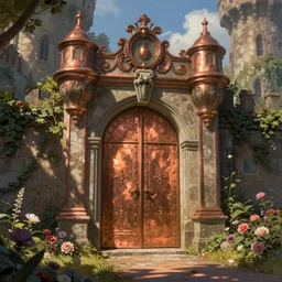 HD digital art detailed old copper castle door entrance with flowers and a path outside by James Gurney, cgsociety, artstation