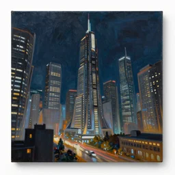 a beautiful painting of a scifi city at night, skyscrapers, long exposure photo, low angle, Greg rutkowski