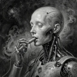 a surrealistic monochromatic portrait of a cyborg being fed by numerous wires and cables to the galaxy, the birth of the singularity, impasto, airbrushed, smoky swirls, hyperrealism, paint splashes, shadows, rule of thirds, detailed oil on wood painting by jan van eyck and greg rutkowski