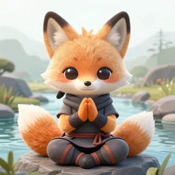 a portrait of an anthropomorphic ninja fox praying, ninja outfit, sitting by a river, cute and adorable, dnd character art portrait, well rendered matte fantasy painting, deviantart artstation, by jason felix by steve argyle by tyler jacobson by peter mohrbacher, cinematic lighting