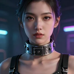 detailed realistic female character cyberpunk wearing thick steel collar around neck, realistic, art, beautiful, 4K, collar, choker, collar around neck, punk, artstation, detailed, female, woman, choker, cyberpunk, neon, punk, collar, choker, collar around neck, thick collar, tight around neck, punk, (looking straight ahead)