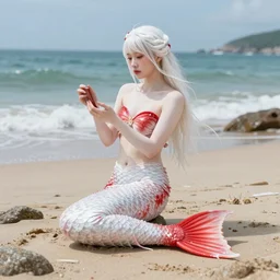 albino Asian mermaid on the beach, full body, red and white,  gliter, depth of field, 8k, hyper detailed, tending on artstation