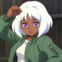 anime poster film still portrait of a black young woman, large, purple eyes, white hair!!!!!, french bob, green bomber jacket!!, detailed facial features, dynamic pose, cute face by ilya kuvshinov, yoh yoshinari, makoto shinkai, rimlight, cel shaded, 4 k