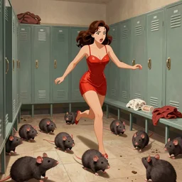 Rats running loose in the girls locker room, concept art, by Basil Gogos and Mort Kunstler, cinematic, funny, terror, sexy