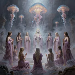 A painting of priestesses worshipping at the jellyfish temple, shrouded in mist, jellyfish god, 8K, illustration, by Jan Urschel, Greg Rutkowski, and peter morbracher, smoke, cinematic, insanely detailed and intricate, hypermaximalist, elegant, super detailed, award-winning, mauve and cyan, mysterious, ancient, ritual, ethereal, trending in cgsociety, artstation HQ, ornate, elite, haunting, matte painting, beautiful detailed, insanely intricate details, artstation trending, divine proportion