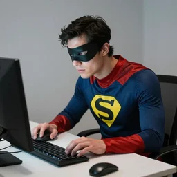 a masked superhero wearing a costume sitting at the computer nervously clicking on the mouse in the style of peter mohrbacher