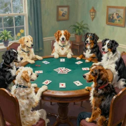 A painting of some dogs sitting round a table playing poker