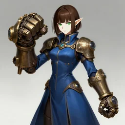 character portrait of young female elf, fisting monk, massive steampunk hands, blue skintight closed longcoat, brown bob haircut, green eyes, white skin, high fantasy, highly detailed, steampunk, akihiko yoshida, james jean andrei riabovitchev marc _ simonetti, yoshitaka amano