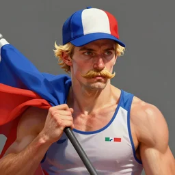 portrait of a french crossfiter upper part of the body, he carries a french flag cap and got blond hairs and a a mustache, powerful, musculated, he got a big french musctache, by aenaluck, artgerm and roberto ferri and greg rutkowski, digital painting, artstation, concept art, smooth, sharp foccus ilustration hq