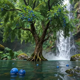 low angle shot of a lush tree in a pond with blue fruits in the foreground and a waterfall in the background, by james gurney, concept art, intricate, hyper detailed, volumetric lighting, sharp focus, octane render, trending on artstation, 8 k