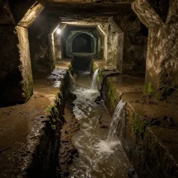 flowing water inside the ancient flooded stone sewers. fantasy art, underground, adventure, wet, standing water, channel, canal, muck, mud, stagnant water, stream, channel, musty, moss, sewage, darkness, underground, catacombs, abandoned spaces, torchlight. piranesi and william roger dean.