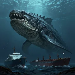 Giant ancient Leviathan creature the size of a ship at the bottom of the ocean next to a sunken cargo ship, dark, creepy, digital art