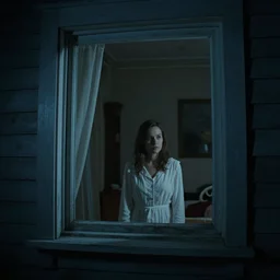Horror film, cinematic tones. Scene where a woman in white looking the window at midnight, view inside the room