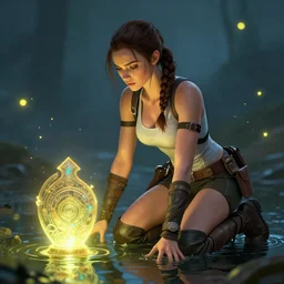Natalie Dormer as Lara Croft as a ruggedly handsome heroine kneeling next to a glowing artifact lodged in shallow water, intricate, elegant, highly detailed, artstation, concept art, smooth, sharp focus, illustration, bokeh art by artgerm and donato giancola and Joseph Christian Leyendecker, WLOP, fireflies