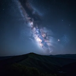 a beautiful double exposure of the astronomy picture of the day, with a mountainous landscape at night