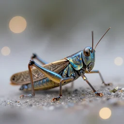 macro photography of blue and gold grasshopper, bokeh, glowing fog, trending on artstation