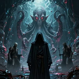 hooded necromancer in front of a cthulhu within a viscosity fluid lovecraft portal, digital art by dan mumford and peter mohrbacher and wayne barlowe, intricate detail, subsurface scattering, ray tracing, unreal engine, octane render, synthwave color scheme