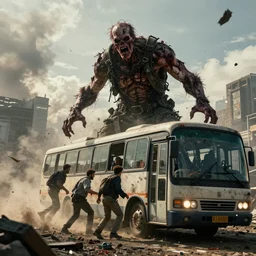 a brutal giant zombie try to destroy a bus, still shot from movie