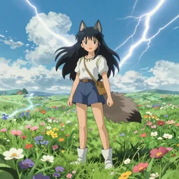 A high fantasy wolf girl standing in the middle of the field of flowers, by Hayao Mizaki and Ilya Kuvshinov, full shot, official media, beautiful, detailed, high quality, wallpaper 4K, epic, trending on artstation and behance, dynamic lightning
