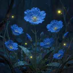 beautiful _ digital _ matte cinematic _ painting _ of _ whimsical _ botanical _ illustration _ blue _ flowers _ fireflies _ enchanted _ dark _ background _ whimsical _ scene _ b _ - h 7 6 8