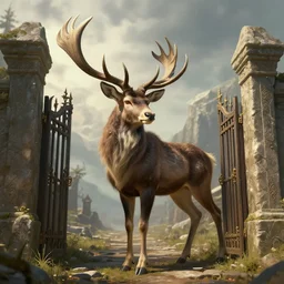 the gate to the eternal kingdom of stags, fantasy, digital art, hd, detailed.