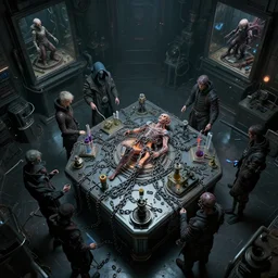 cyberpunk  room top view with table of dissection laboratorie experiment lote of chain, liquide in tube, technologique , technomancer , alien experimente the futur dark by Greg Rutkowski, Sung Choi, Mitchell Mohrhauser, Maciej Kuciara, Johnson Ting, Maxim Verehin, Peter Konig, Bloodborne , 8k photorealistic, cinematic lighting, HD, high details, atmospheric , trending on artstation