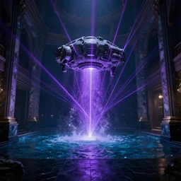 a spaceship beaming a light underneath, purple carbonated water underwater, flooded with carbonated clear water, lasers all over the scene, strobe lights, winter, dark scenery, dark lighting, cinematic, cold freezing nights, laser lights, crybernetic, top floor boss shit, destroy lonely, black floor, lavish, luxurious, marble walls, cinematic, hyper realism, high detail, octane render, 8 k
