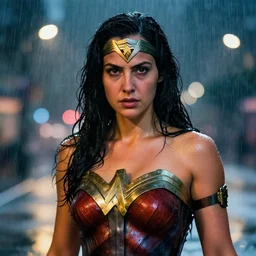 portrait of wonder woman in the rain, wet skin, streetlights, high detai, determined face