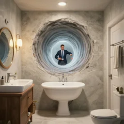 an estate agent photo of a quirky bathroom, unreal engine, vortex in wall