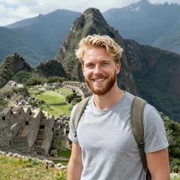 young blue eyed bearded blond man smiling next to Machu picchu