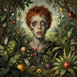 portrait of a teenage zombie dissolving in a field of foliage, botanicals, fruit and feathers, highly detailed, fantasy art, in the style of hieronymous bosch, cartoonish, whimsical