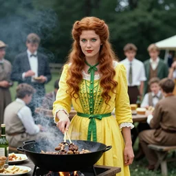 an image of a queen with tan skin long rippling cinnamon hair and emerald colored eyes in a full shot, vintage historical fantasy 1 9 3 0 s kodachrome slide german and eastern european mix. the queen is pictured attending a barbecue for youth volunteers. she is dressed in a yellow ensemble paired with green accessories.