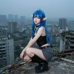 breathtaking photo of an attractive young asian elf woman with pointy ears and blue hair, wearing a miniskirt and knee-high boots, crouching in an endlessly sprawling hazy abandoned city at night, 8K, trending on Artstation