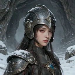 a young female humanoid with a large head wearing a helmet in a snowy desolte cave, digital illustration, very detailed, art by turine tran, post - communist era, fantasy art, high quality, intricate, elegant